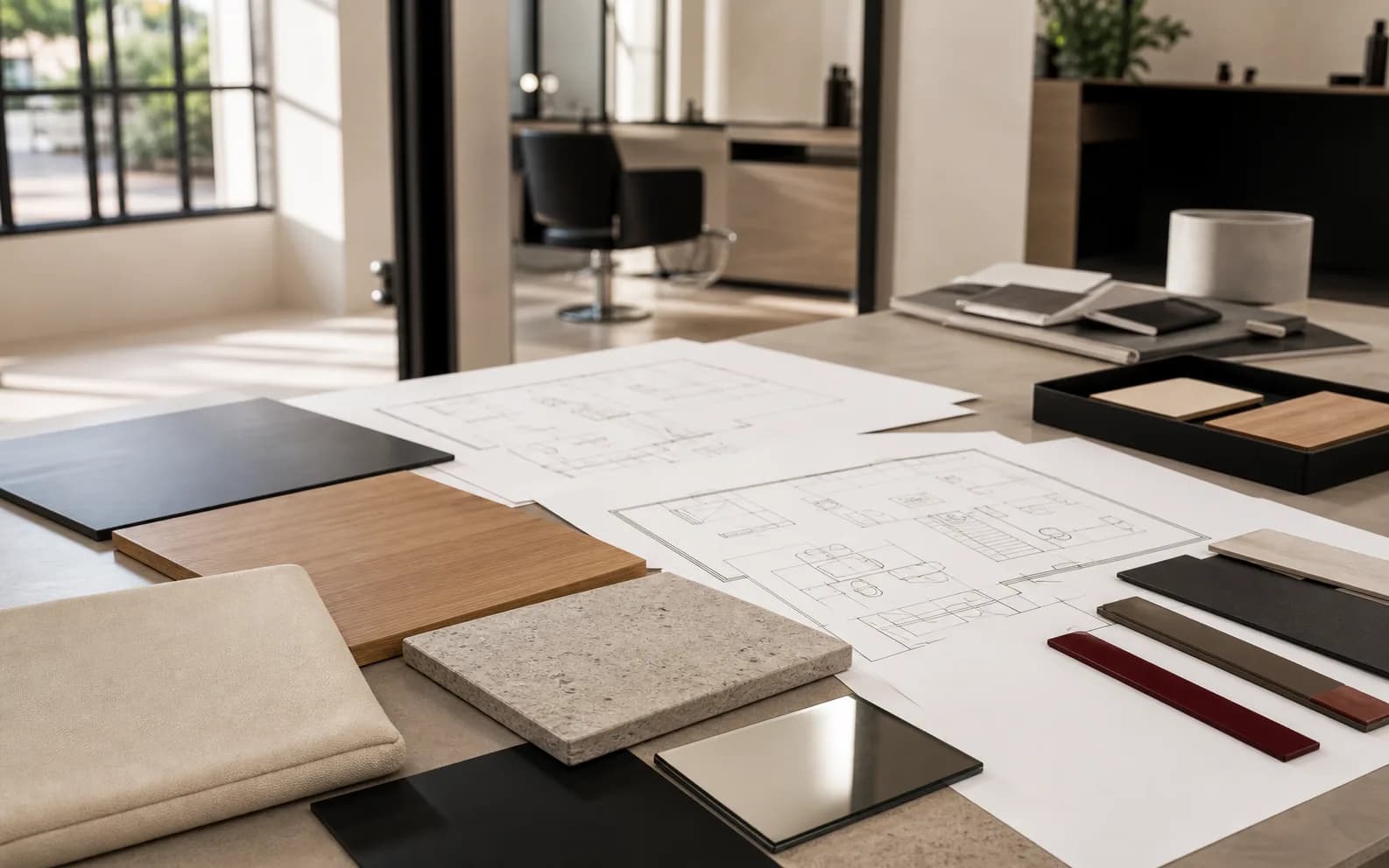 Materialmuster und Grundrisse für die Planung einer Saloneinrichtung