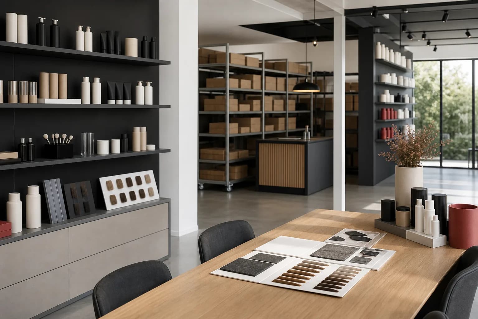 Showroom und Arbeitsbereich mit Produktregalen, Beratungstisch und Salonmustern bei Saykos