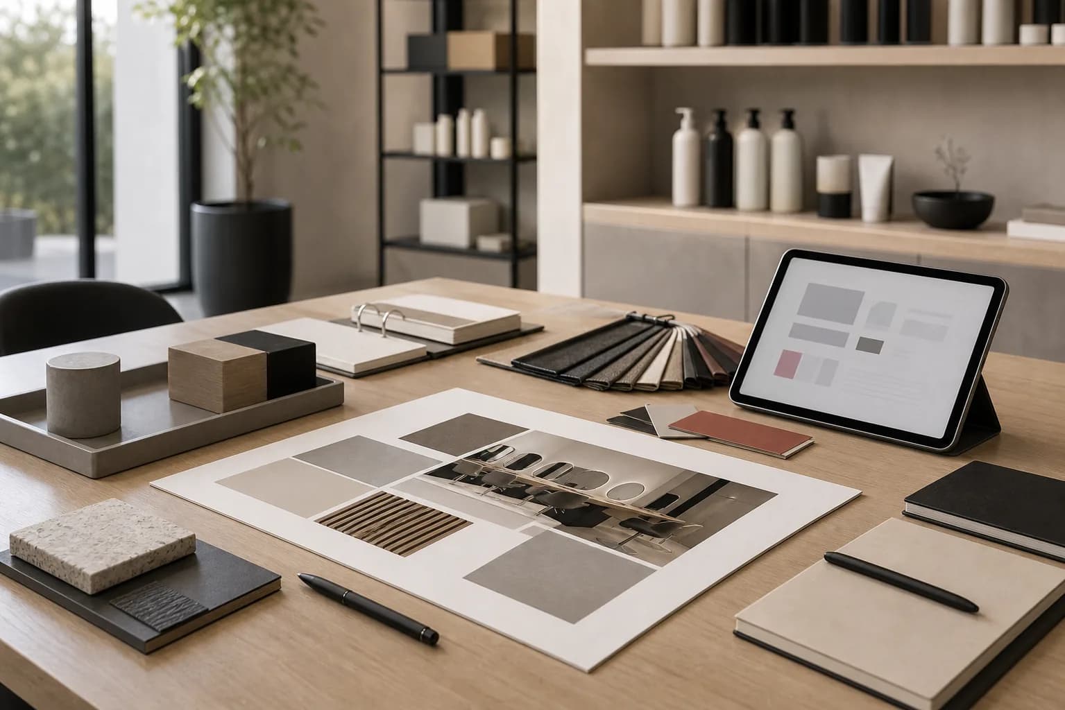 Planungstisch mit Materialmustern, Tablet und unbeschrifteten Unterlagen für zukünftige Salonkonzepte