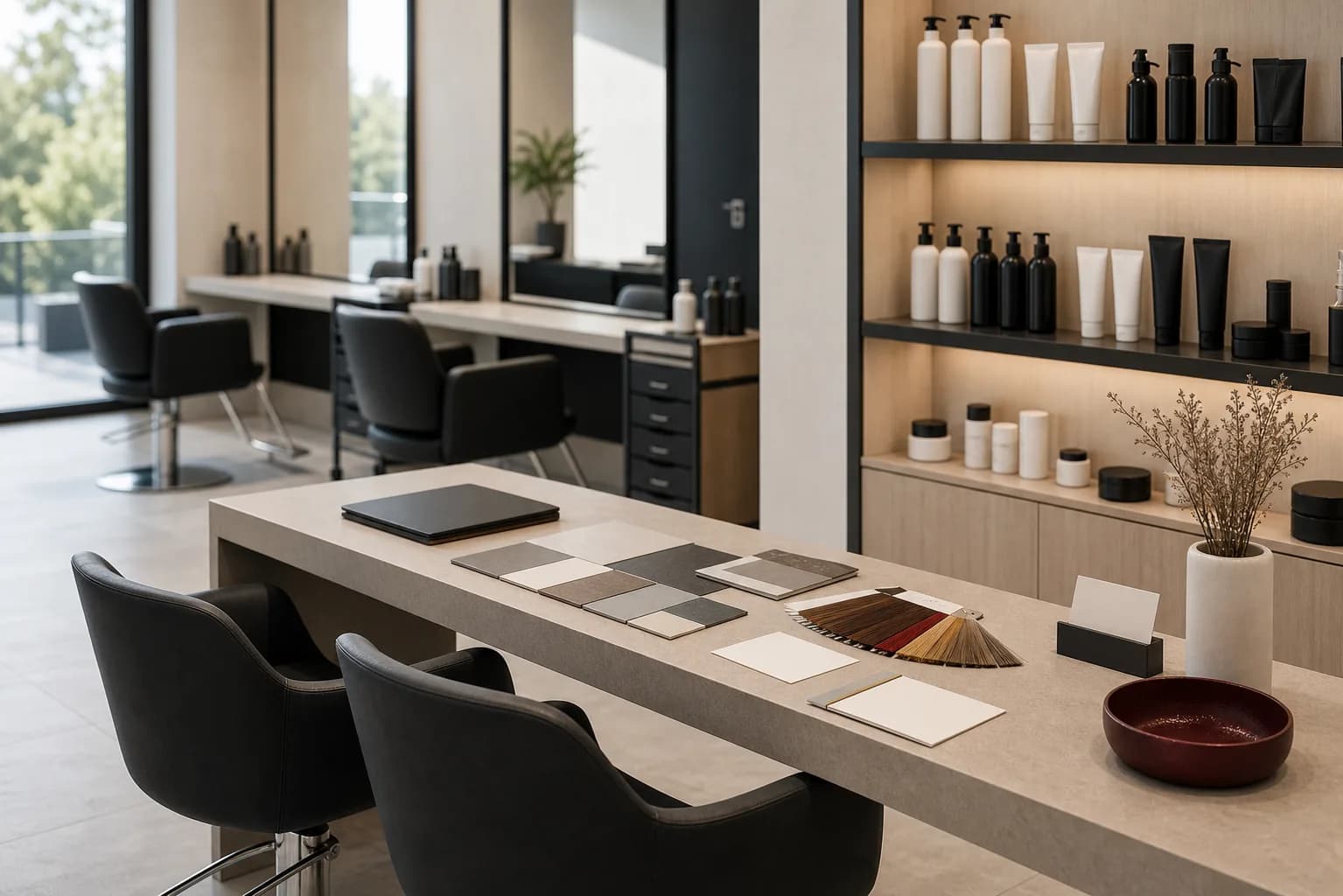 Moderner Salonbereich mit Beratungstisch, Materialmustern und unbeschrifteten Produkten